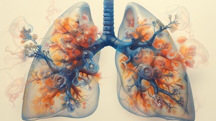 Illustrate the process of gas exchange in the lungs, depicting how oxygen is absorbed into the bloodstream and carbon dioxide