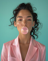 fashion beauty portrait of mixed race model with make up freckles curly hair blowing a bubble gum