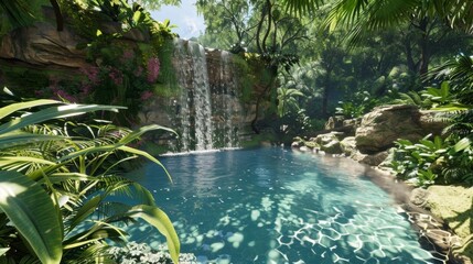 Step into a virtual oasis complete with cascading waterfalls peaceful streams and lush vegetation. Let the tranquil sounds of nature wash over you as you find inner . - obrazy, fototapety, plakaty