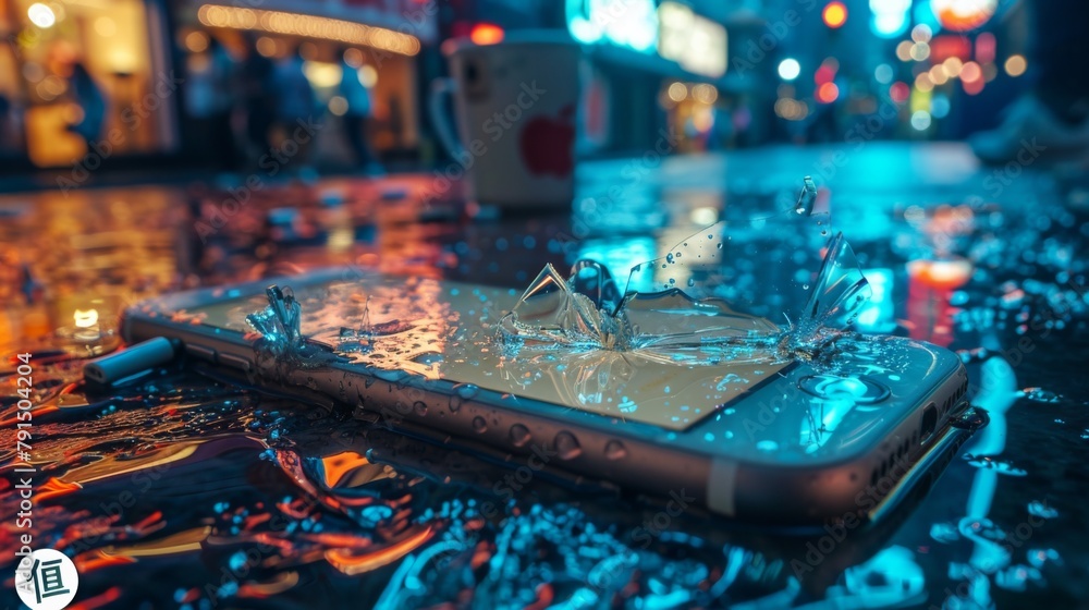 Poster paint a scene of a broken smartphone with a damaged headphone jack, preventing users from listening 