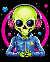An alien wearing headphones is listening to music. The alien is green and has big eyes. It is wearing a blue spacesuit with a pink circle around it. There are stars and planets floating around the ali - obrazy, fototapety, plakaty