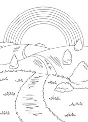 Rainbow hills graphic black white road landscape sketch vertical illustration vector 