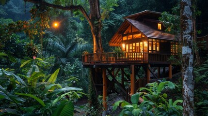 Wake up to the sweet songs of birds and the gentle rustling of leaves surrounded by the natural beauty of the forest. 2d flat cartoon.