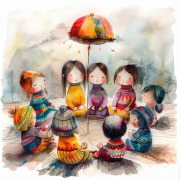 Rag dolls sat in a circle, their stitched faces beaming as they shared tales of their adventures, light watercolor style