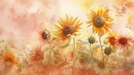 Sunflowers turned their golden heads, whispering secrets to the morning sun with a blush of pink, light watercolor style