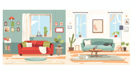 Living room before and after cleaning. Flat style vector