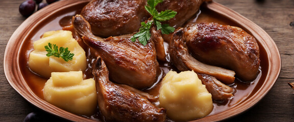roast duck with potato dumplings and plums, delicious meal - Powered by Adobe
