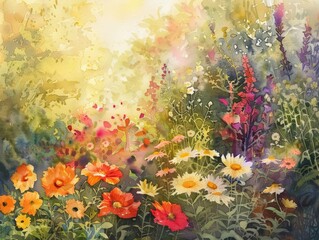 Obraz na płótnie Canvas Sunsets painted the garden in golden hues, each flower a brushstroke in a living masterpiece, light watercolor style