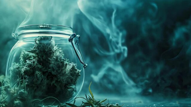 A jar of marijuana is sitting on a table with smoke coming from it. The jar is filled with a large amount of marijuana, and the smoke is thick and dense. The scene has a dark and mysterious mood