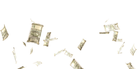 500 Indian rupee notes flying in different angles and orientations isolated on black background