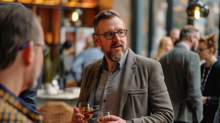 An entrepreneur networking at a business event, exchanging ideas with industry peers.