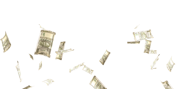 500 Indian rupee notes flying in different angles and orientations isolated on black background