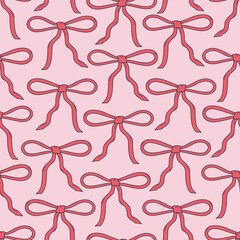 Seamless vector pattern with cute coquette bows. Balletcore background with red ribbons. Hand drawn silk tape accessory. Girly texture for wallpaper, wrapping paper, textile design 