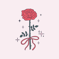 Hand drawn red rose flower with cute ribbon bow. Line art botanical drawing for tattoo, card design. Coquette style floral illustration. Vector graphic