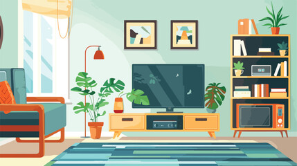 Living room interior. Tv table with tv set. Vector fl