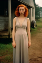 Vintage portrait of a red-haired girl of the 30s in the fashion style of her time in the courtyard