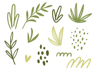 Set of simple green leaves and grass vector illustration isolated on white background