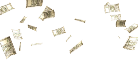 500 Indian rupee notes flying in different angles and orientations isolated on black background