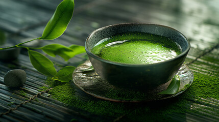 Elegant matcha tea bowl on a bamboo mat, complemented by fresh tea leaves, embodying the essence of...