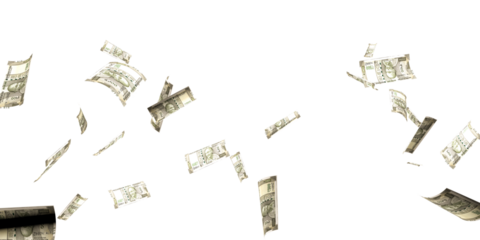 500 Indian rupee notes flying in different angles and orientations isolated on black background