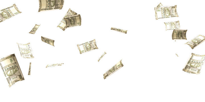 500 Indian rupee notes flying in different angles and orientations isolated on black background