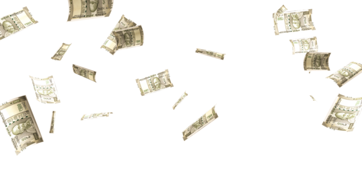 500 Indian rupee notes flying in different angles and orientations isolated on black background