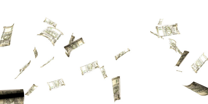 500 Indian rupee notes flying in different angles and orientations isolated on black background