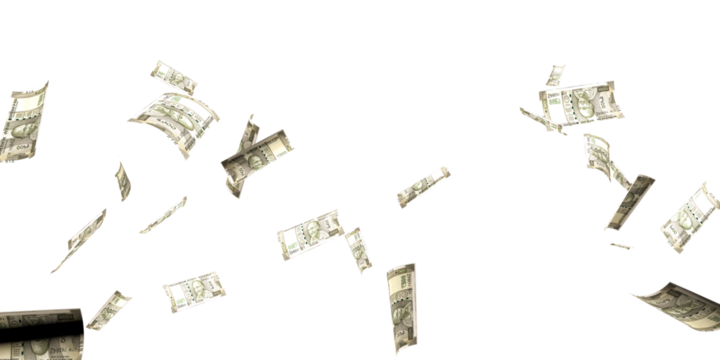 500 Indian rupee notes flying in different angles and orientations isolated on black background