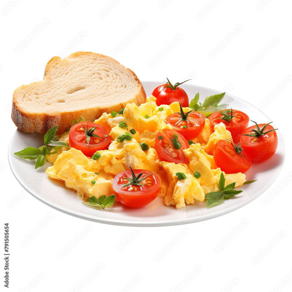 Poster Delicious Scrambled Eggs with Tomatoes Isolated On White Background