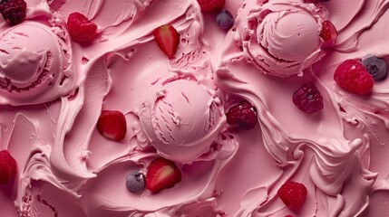 Close-up of pink berry ice cream with fresh berries mixed in