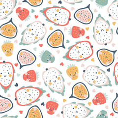 Tropical Fruit seamless pattern. Vector cartoon childish background with cute smiling fruit characters in simple hand-drawn style. Pastel colors on a white background with polka dots hearts