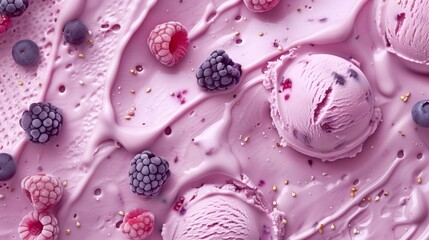 Close-up of berry ice cream with fresh raspberries and blueberries topped with sprinkles