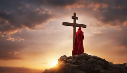 Hill of Golgotha Red sky and bright light. Praying to Jesus, praising holy spirits pain and sacrifice death and resurrection
