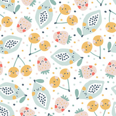 Tropical Fruit seamless pattern. Vector cartoon childish background with cute smiling fruit characters in simple hand-drawn style. Pastel colors on a white background with polka dots