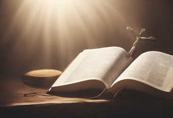 Church bright light background with holy bible and the cross of salvation of Jesus Christ, Christian Fait Wall Paper.
