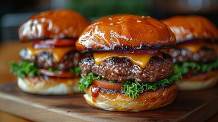 Get close-up shots of a plate of gourmet sliders, featuring mini burgers topped with cheese,...