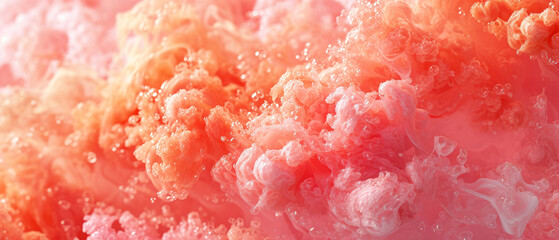 Fototapeta premium Close up of pink abstract texture with shapes, particles. Clouds, fluff, fur, painted effect. Trendy, surreal peach fuzz background. Generative ai