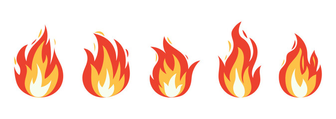 Vector bright burn flame icon set isolated on white background. Hot fire flat clipart collection. Burning fireball signs.