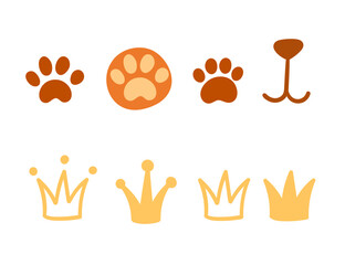 Collection of simple golden crown and paw icons vector illustration isolated on white background