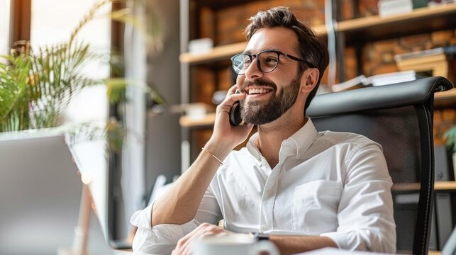 A man is sitting at a desk and talking on his cell phone