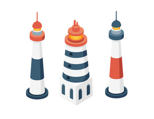 Set of three different lighthouses vector illustration isolated on white background
