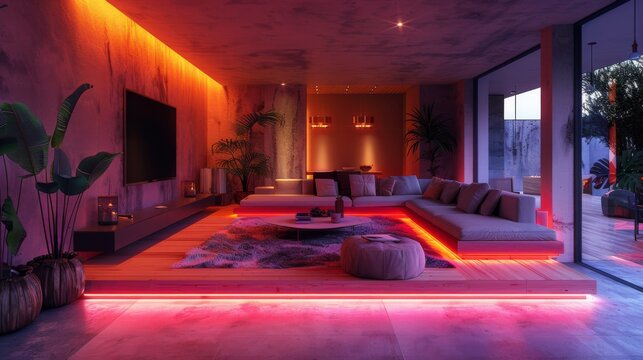A chic basement lounge aglow with LED strips, providing a stylish and inviting setting for nighttime gatherings and relaxation.