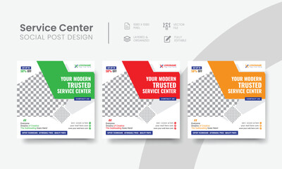 Service center social media post for tech, phone, desktop & car repair banner ads. Professional servicing center social media flyer layout design. Vol - 7