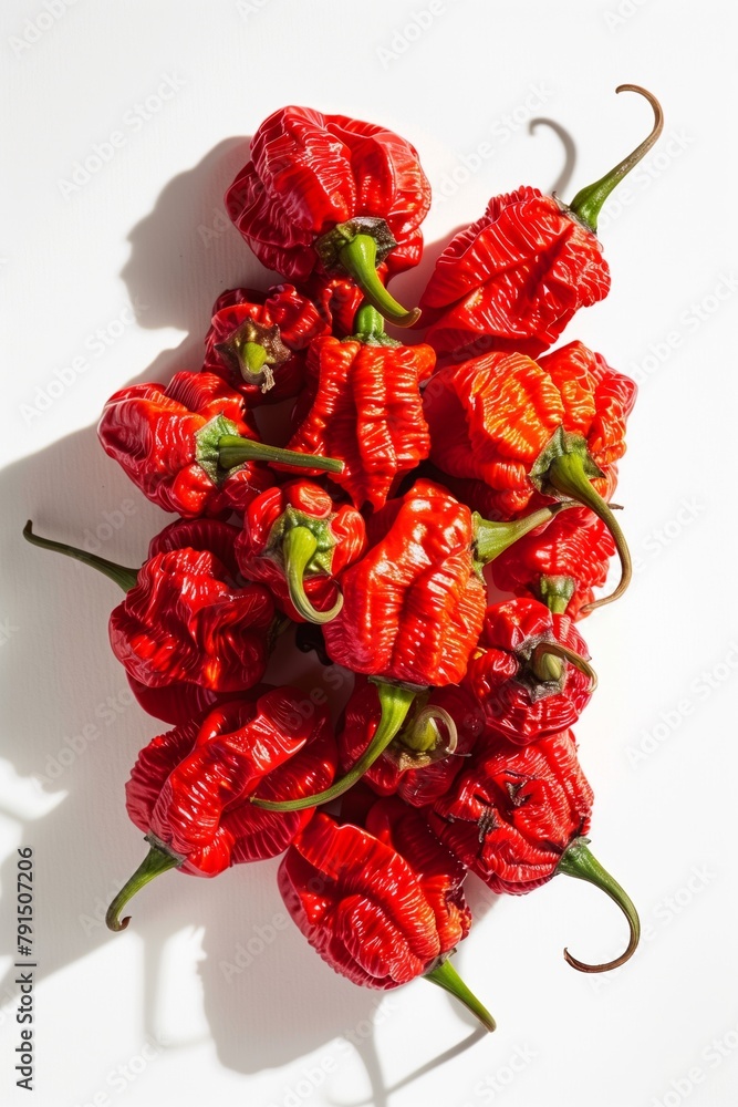 Sticker A pile of bright red Scotch Bonnet chili peppers casting shadows on a white surface.