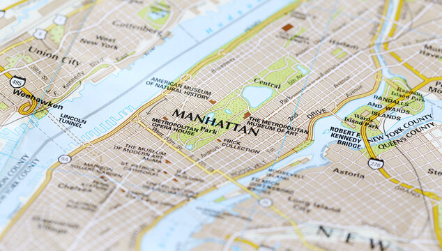 New York, United States. Detailed Closeup macro view of Manhattan map 