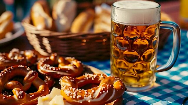 a mug of German beer and soft pretzels and cheese on a table with a checkered blue tablecloth at Oktoberfest. Selective focus. Food.