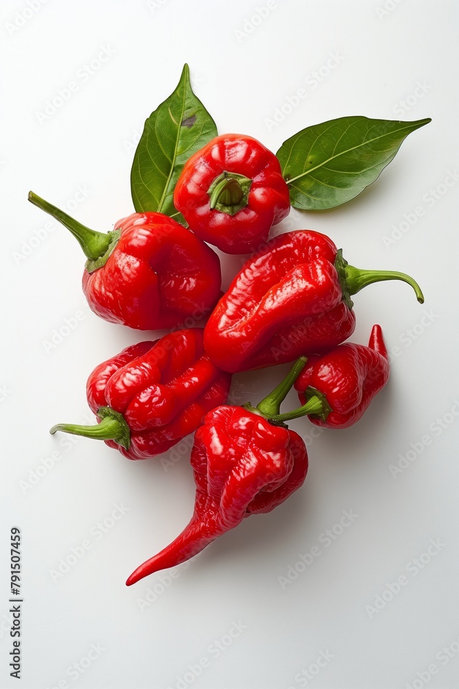 Canvas Prints Fresh red chili peppers and green leaves arranged on a white background