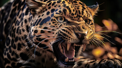 Ferocious snarling jaguar in its natural habitat.  Generative ai.