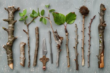 An artistic representation of grafting methods like cleft, whip, and side grafting, arranged in an appealing layout.