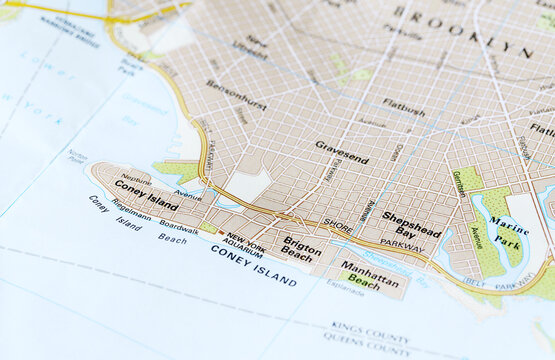 Detailed closeup macro view of Coney Island map peninsular neighborhood of Brooklyn